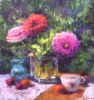 Still life with zinnias and fruit | Oil And Acrylic Painting in Paintings by Julia Lesnichy Art. Item works with traditional style
