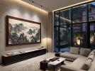 Hand-Painted Silk Blue-Gree Shanshui Misty Peaks Wall Art | Oil And Acrylic Painting in Paintings by Dynasty Artisan. Item composed of wood and fabric in contemporary or eclectic & maximalism style