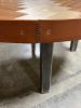 Round Pieced Wood Top Coffee Table with leather wrap edge | Tables by Basemeant WRX. Item composed of oak wood and steel in country & farmhouse or industrial style