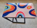 Colorful Pop Art C Shape Couch Table With Metal Legs | Coffee Table in Tables by Epoxy Coffee Table Shop. Item made of wood & metal compatible with boho and contemporary style