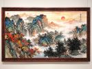 Hand-Painted Ancient Path Sunset: Blue & Green Silk/Xuan Art | Oil And Acrylic Painting in Paintings by Dynasty Artisan. Item composed of wood and fabric in contemporary or eclectic & maximalism style