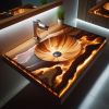 Luxury Wooden & Amber Resin Integrated Sink Vanity Top – Bac | Dining Table in Tables by SK EPOXY CRAFT. Item composed of birch wood compatible with boho and contemporary style