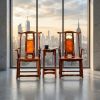 Ming Style Marble & Burl Southern Official Hat Armchair Trio | Chairs by Dynasty Artisan. Item made of wood works with contemporary & eclectic & maximalism style