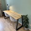 Reclaimed Wood Trapezium Leg Desk | Tables by Riz and Mica •Make• | Slice-pizzeria in Belfast. Item composed of oak wood & steel