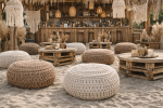 Handmade Chunky Knit Pouf Ottoman–Round Cotton Floor Cushion | Pillows by Dimitar Kostadinov. Item composed of cotton and synthetic in boho or coastal style