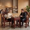 Royal Crimson Flamewood Lingzhi Ming Taishi Armchair 3-Pc Se | Chairs by Dynasty Artisan. Item made of wood works with contemporary & eclectic & maximalism style