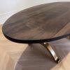 Oval Charcoal Walnut Brass Wishbone Table | Dining Table in Tables by YJ Interiors. Item composed of walnut and brass in mid century modern or contemporary style