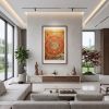 Framed Luxury Yunjin Silk Eight Auspicious Symbols Thangka | Embroidery in Wall Hangings by Dynasty Artisan. Item made of wood with fabric works with eclectic & maximalism & asian style