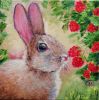 Rabbit and raspberry oil painting original on canvas 6x6 | Oil And Acrylic Painting in Paintings by Iryna Fedarava. Item composed of canvas & synthetic compatible with minimalism and contemporary style