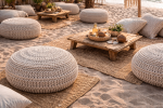 Handmade Chunky Knit Pouf Ottoman–Round Cotton Floor Cushion | Pillows by Dimitar Kostadinov. Item composed of cotton and synthetic in boho or coastal style