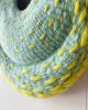 Yellow Umbrellas / Aquamarine Sea Round Woven Painting | Wall Sculpture in Wall Hangings by Emily Nicolaides. Item made of canvas