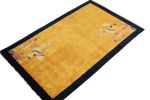Vintage Chinese Deco style rug in Gold, Navy Border, Bright | Area Rug in Rugs by Rug and Kilim