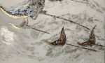 Stingrays_Mountains | Mixed Media by Janine Lambers, Gold. Item composed of birch wood