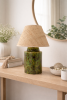 Handglazed Ceramic pistachio green table lamp with raffia | Lamps by ENOceramics. Item made of fabric with ceramic works with boho & japandi style