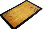 Vintage Chinese Deco style rug in Gold, Deep Blue Border | Area Rug in Rugs by Rug and Kilim