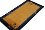 Vintage Chinese Deco style rug in Gold, Blue Border, Beige | Area Rug in Rugs by Rug and Kilim