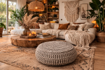 Handmade Chunky Knit Pouf Ottoman–Round Cotton Floor Cushion | Pillows by Dimitar Kostadinov. Item composed of cotton and synthetic in boho or coastal style