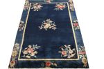 Vintage Chinese Deco style rug in Deep Blue, Pink and Gold | Area Rug in Rugs by Rug and Kilim