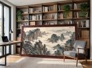 Hand-Painted Silk Blue-Gree Shanshui Misty Peaks Wall Art | Oil And Acrylic Painting in Paintings by Dynasty Artisan. Item composed of wood and fabric in contemporary or eclectic & maximalism style