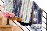 baoule pom pom throw light stripe/indigo poms | Blanket in Linens & Bedding by Charlie Sprout. Item made of fabric