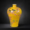 Famille Jaune Incised Prunus Vase Magpies on Plum Branches | Vases & Vessels by Dynasty Artisan. Item made of ceramic compatible with contemporary and eclectic & maximalism style