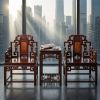 Legacy Imperial Ming Official Armchair Trio with Burl Inlay | Chairs by Dynasty Artisan. Item made of wood works with contemporary & eclectic & maximalism style
