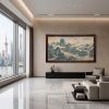 Hand-Painted Blue Green Landscape Song Dynasty Silk Art II | Oil And Acrylic Painting in Paintings by Dynasty Artisan. Item made of wood with fabric works with contemporary & eclectic & maximalism style