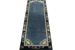 Vintage Chinese Deco style runner in Deep Blue, Off White | Area Rug in Rugs by Rug and Kilim
