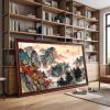 Hand-Painted Ancient Path Sunset: Blue & Green Silk/Xuan Art | Oil And Acrylic Painting in Paintings by Dynasty Artisan. Item composed of wood and fabric in contemporary or eclectic & maximalism style