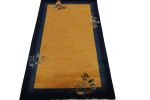 Vintage Chinese Deco style rug in Gold, Blue Border, Beige | Area Rug in Rugs by Rug and Kilim