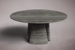 Guasha Silver Travertine Round Dining Table | Tables by HamamDecor LLC. Item made of marble compatible with mediterranean and modern style