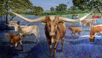 Longhorns & Bluebonnets Giclee from Jackson Longhorn Ranch Mural | Oil And Acrylic Painting in Paintings by Dan Terry. Item made of wood with canvas