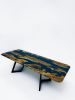 Blue Resin Olive Wood Dining Room Table by Tinella Wood | Dining Table in Tables by Tinella Collection. Item composed of wood and brass in minimalism or art deco style