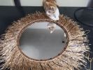 Raffia and Rudraska Stone Mirror, Sun Mirror Boho Mirror | Decorative Objects by Magdyss Boutique. Item composed of glass and fiber in boho or contemporary style
