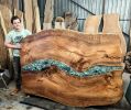 Mesquite Live Edge Resin Fluorite Rock King Headboard 65x87 | Beds & Accessories by Lumberlust Designs. Item works with eclectic & maximalism style