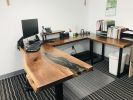 U-Shaped Live Edge Wood Slab & Epoxy Resin Executive Corner | Desk in Tables by Chagrin Valley Custom Furniture. Item made of walnut with steel works with contemporary & modern style