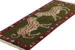 Vintage Gabbeh Persian Runner Rug in Green with Leopard | Area Rug in Rugs by Rug and Kilim