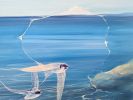 Enchanted, a blue seascape with birds | Oil And Acrylic Painting in Paintings by Gill Bustamante. Item made of canvas works with contemporary & country & farmhouse style