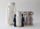Handmade Ceramic Vase #606 in White Glaze with Blue Fringe | Vases & Vessels by Karen Gayle Tinney. Item composed of cotton & ceramic compatible with boho and coastal style
