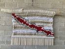 Mixed Fiber Tapestry on Driftwood - White and Red Abstract | Wall Hangings by The Good Vibe Effect. Item made of wood & cotton compatible with boho and mid century modern style