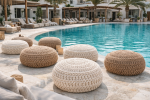 Handmade Chunky Knit Pouf Ottoman–Round Cotton Floor Cushion | Pillows by Dimitar Kostadinov. Item composed of cotton and synthetic in boho or coastal style