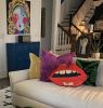 velvet GRANDE EMBRASSE MOI sculpted red lips pillow | Pillows by Mommani Threads. Item compatible with contemporary and eclectic & maximalism style
