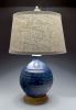 Table Lamp 76 terra cotta,  blue glaze. | Lamps by Ron Mello Studio Art. Item composed of wood and linen