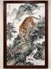 Hand-Painted Silk Tiger Mountain Landscape Wall Art | Oil And Acrylic Painting in Paintings by Dynasty Artisan. Item composed of wood and fabric in contemporary or eclectic & maximalism style