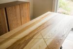 White Ash Dining Table with Brass inlay on Black Steel Pedestal Legs | Tables by Basemeant WRX. Item composed of wood & steel