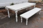 White Farmhouse Dining Table & Bench with Distressed Legs | Tables by Hazel Oak Farms. Item composed of wood