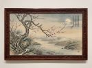 Hand-Painted Silk: Lin Bu Plum Blossom Moon Art on Silk/Xuan | Oil And Acrylic Painting in Paintings by Dynasty Artisan. Item made of wood with fabric works with contemporary & eclectic & maximalism style
