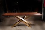 Solid Walnut Dining Table with Criss Cross Golden Metal Base | Tables by Aeterna Furniture. Item made of walnut