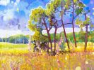 Transcendent Springtime, semi-abstract landscape with hare | Oil And Acrylic Painting in Paintings by Gill Bustamante. Item made of canvas works with boho & contemporary style