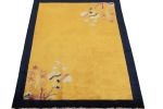 Vintage Chinese Deco style rug in Gold, Navy Border, Bright | Area Rug in Rugs by Rug and Kilim